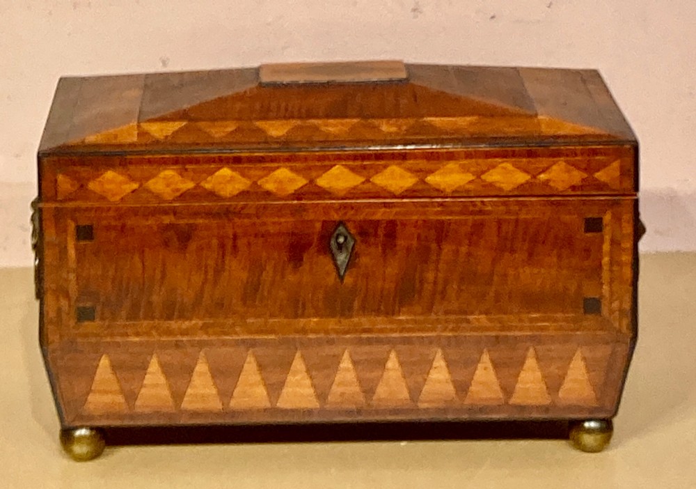 Regency inlaid mahogany tea caddy. View X