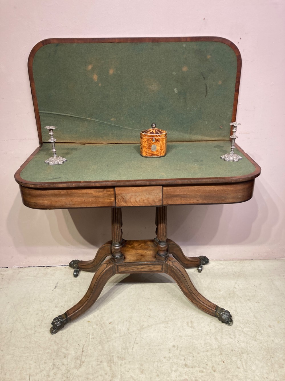 Regency mahogany pedestal card table. View V
