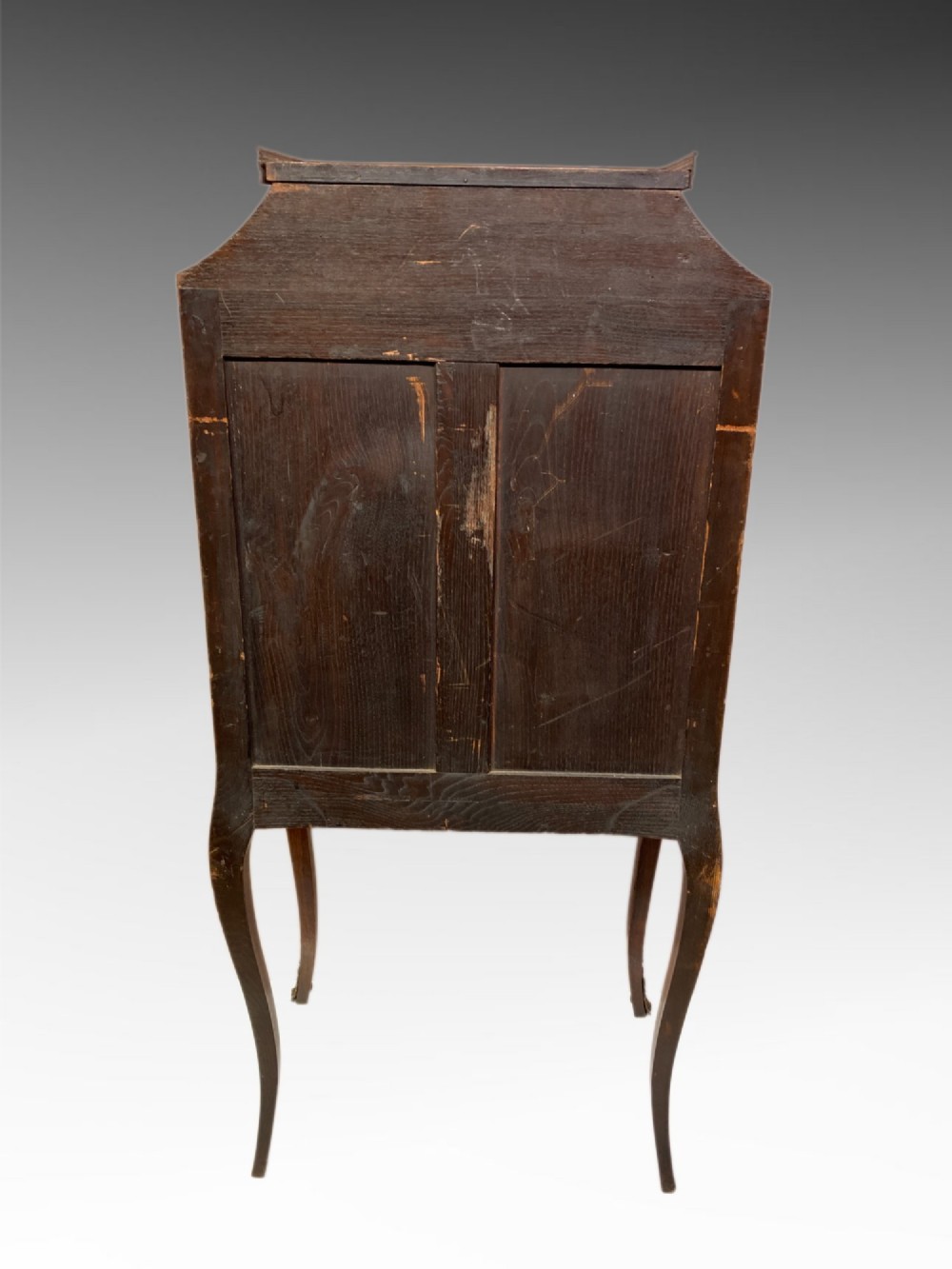 A French Louis XV style kingwood escritoire featuring floral marquetry inlay, slender cabriole legs, a brass top gallery, and gilt-bronze mounts. View VI