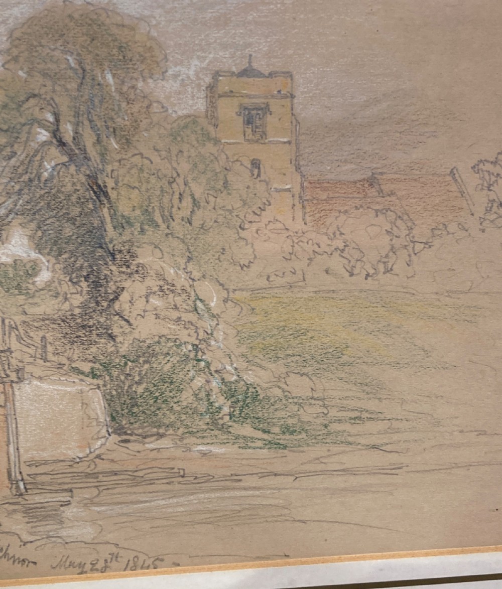 An antique watercolour painting depicting a church, bridge, and trees, set within an octagonal gilded mount and a wide figured wood frame. View III