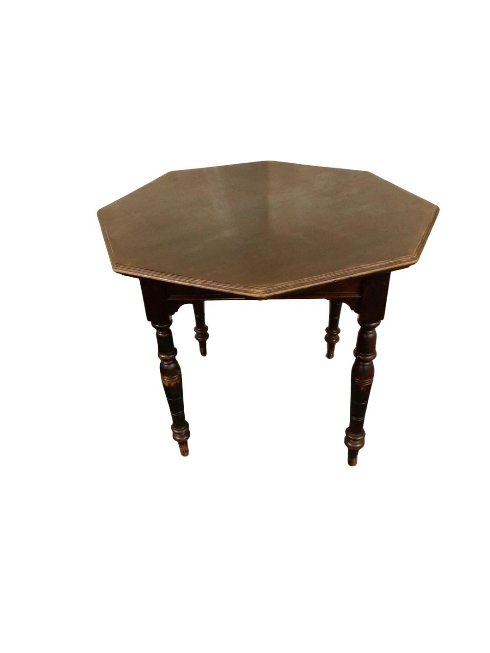 An antique dark brown hexagonal table featuring turned legs and visible surface wear.