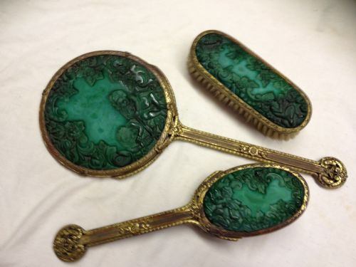 French Gilt Metal and Malachite Glass Mirror Set
