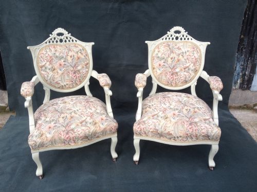 Pair French Victorian Painted Armchairs