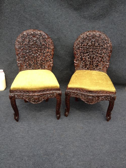 Pair Heavily Carved Burmese/oriental Chairs