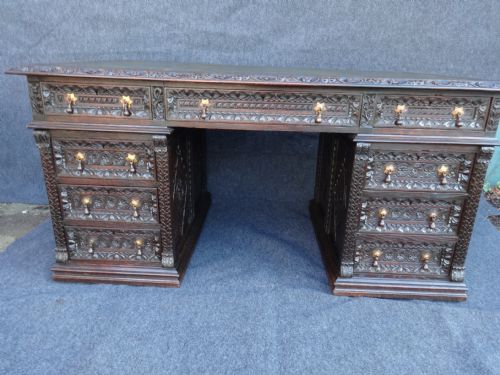Carved Oak Partners Desk by 'Edwards and Roberts'
