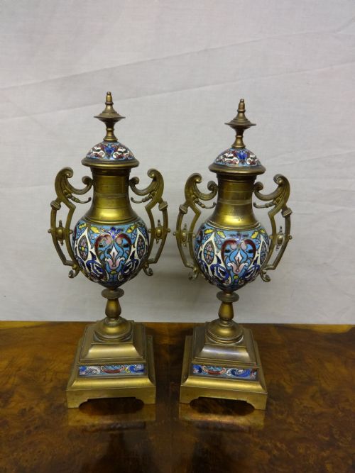19th Century Gilt Metal and Champleve Enamelled  Pedestal Urns