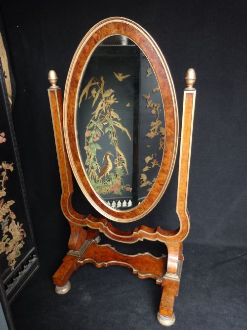 Burr Walnut and Gilt Cheval Mirror