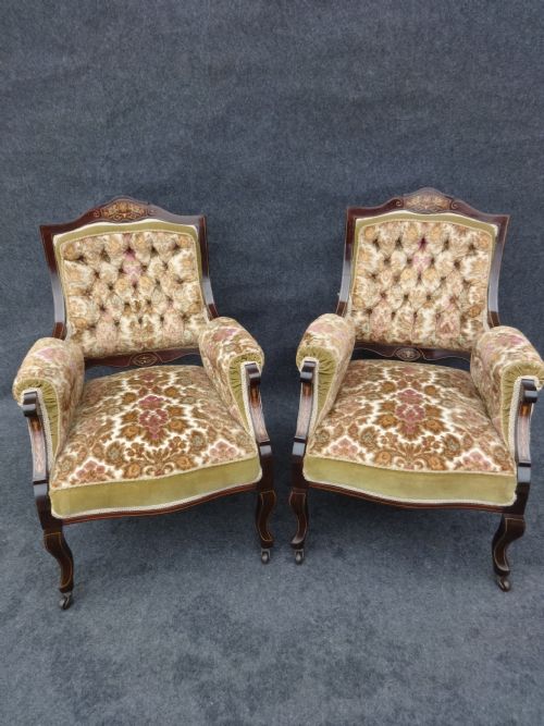 Pair Rosewood Inlaid Armchairs