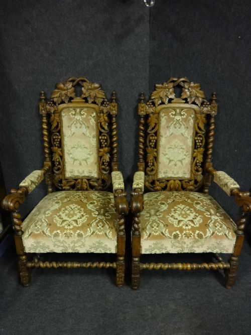 Pair Carved Oak Throne Chairs