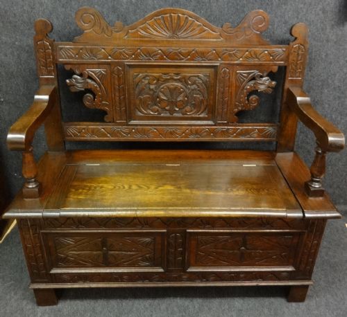 Carved Oak Hall Seat/monks Bench