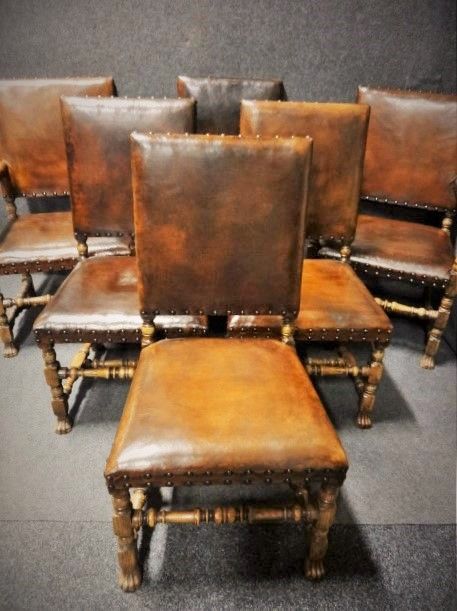 Outstanding Set of 6 Oak and Leather Dining Chairs