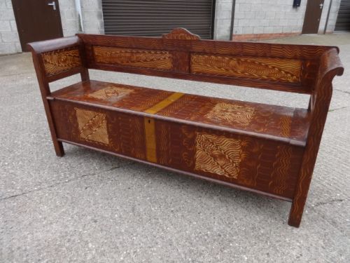Original Painted Pine Settle, Bench, Coffer.