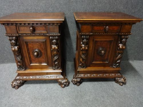 Pair Carved Walnut Bedside Cabinets