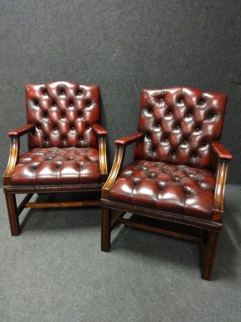 Pair Georgian Leather Gainsborough, Library Chairs