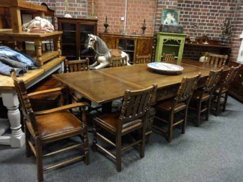 Large Outstanding Jacobean Oak Dining Table and Chairs