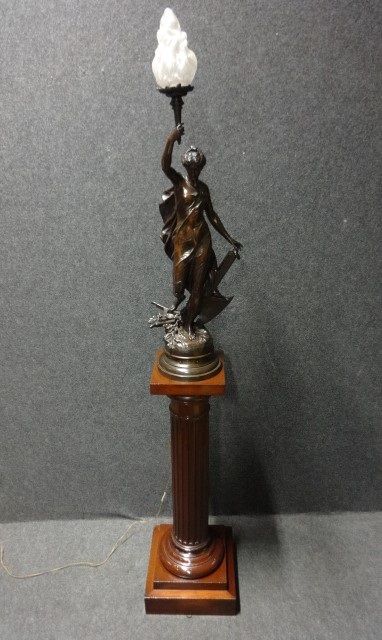 Bronzed Sculpture Figure Lamp on Mahogany Column