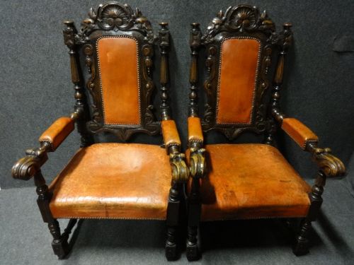 Pair Oak Leather Covered Carved Hall Chairs