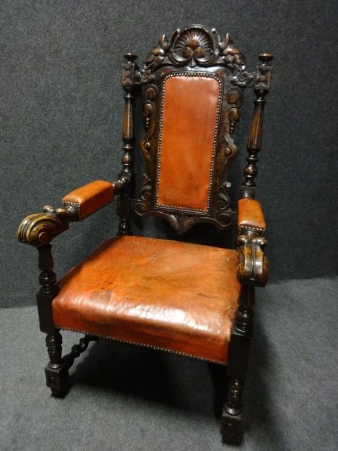 fig 1. Pair Oak Leather covered Carved Hall Chairs