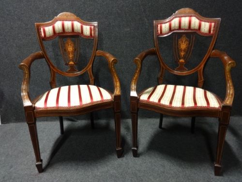 Excellent Pair of Mahogany Inlaid Elbow Chairs