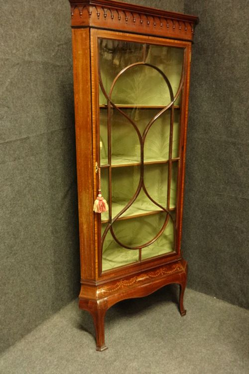 Marquetry Inlaid Mahogany Corner Display Cabinet