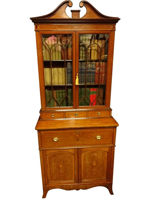 Outstanding Inlaid Mahogany Secretaire Bookcase