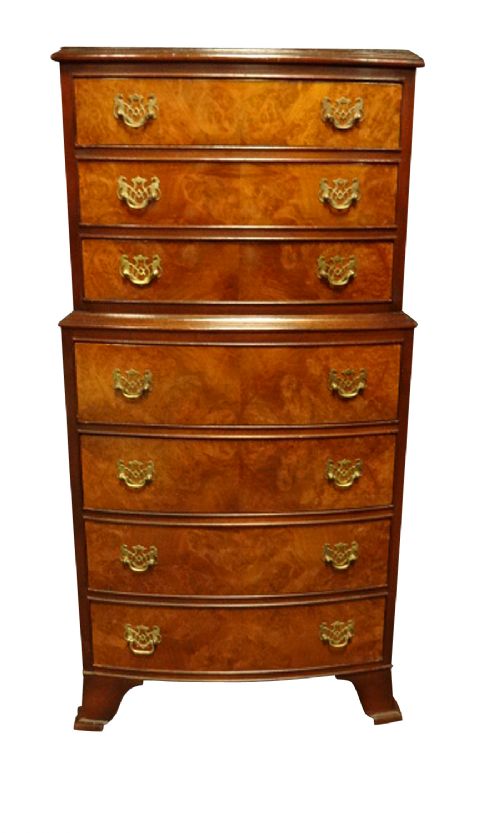 Burr Walnut Seven Drawer Chest on Chest of Drawers