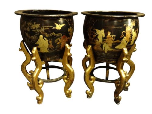Magnificent Pair Chinese Laquered Planters