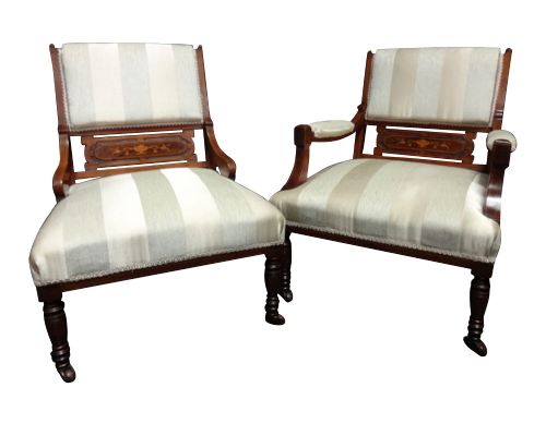 Pair Mahogany and Rosewood Inlaid Easy Chairs
