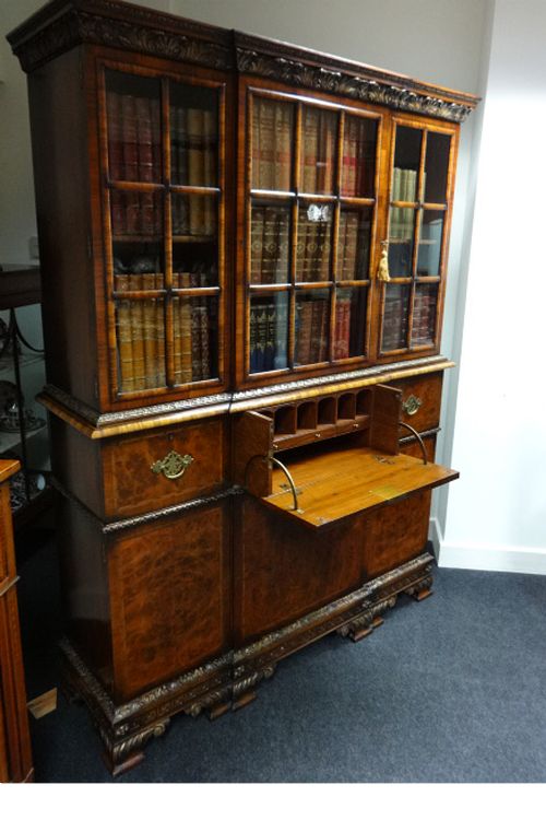 fig 1. BEAUTIFUL GEORGE I STYLE WALNUT, BURR WALNUT, PARCEL GILT AND HERRING BONE BANDED ANTIQUE SECRETAIRE BOOKCASE