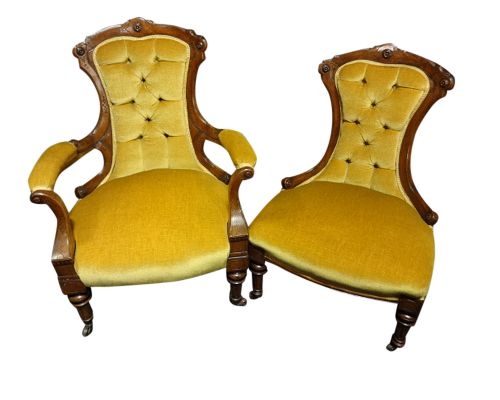 Good Pair Victorian Walnut Easy Chairs
