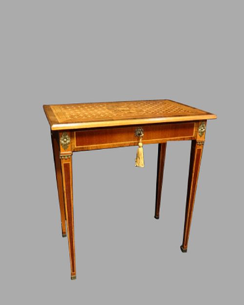 Outstanding Marquetry and Parquetry Freestanding Table with Drawer