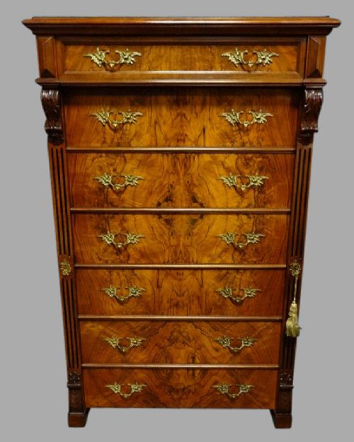 Excellent Quality Victorian Figured Walnut Wellington Chest of Drawers