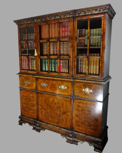 Beautiful George I Style Walnut, Burr Walnut, Parcel Gilt and Herring Bone Banded Antique Secretaire Bookcase