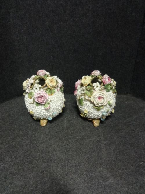 Large Pair  Flower Encrusted Basket Vases