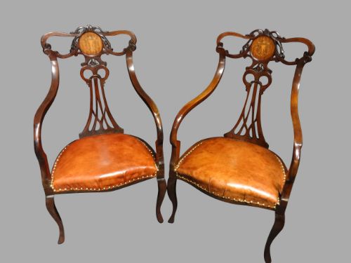 Pair Inlaid Mahogany Art Noveau Chairs