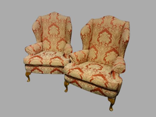 Excellent Pair  Upholstered Wing Armchairs