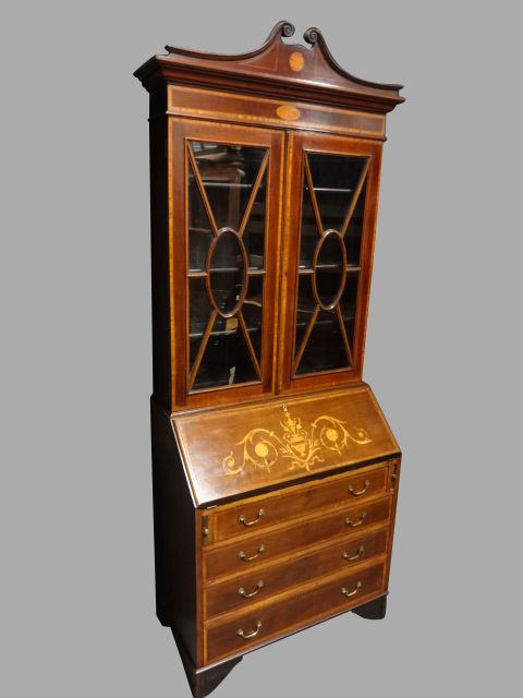 A Good Inlaid Mahogany Bureau Bookcase