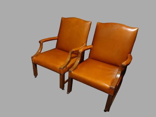 Superb Pair Leather and Mahogany Library Chairs