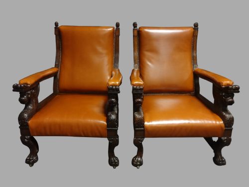 Outstanding Pair Oak and Leather Library Chairs in the Manner of Thomas Hope