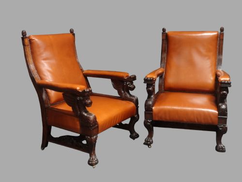 fig 1. Outstanding Pair Oak and Leather Library Chairs in the manner of Thomas Hope
