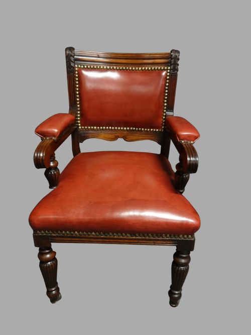 Superb Walnut Desk Chair Covered in Red Hide