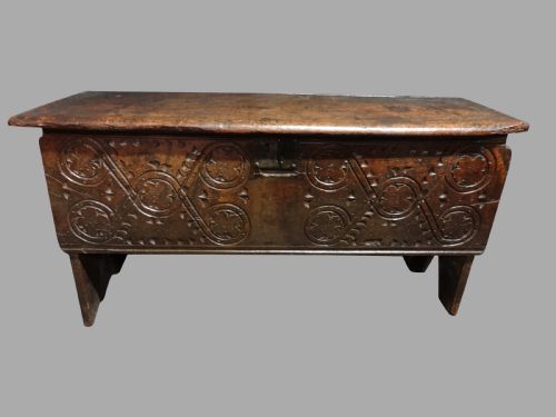C17th Period Oak  Coffer Chest with Original Carving