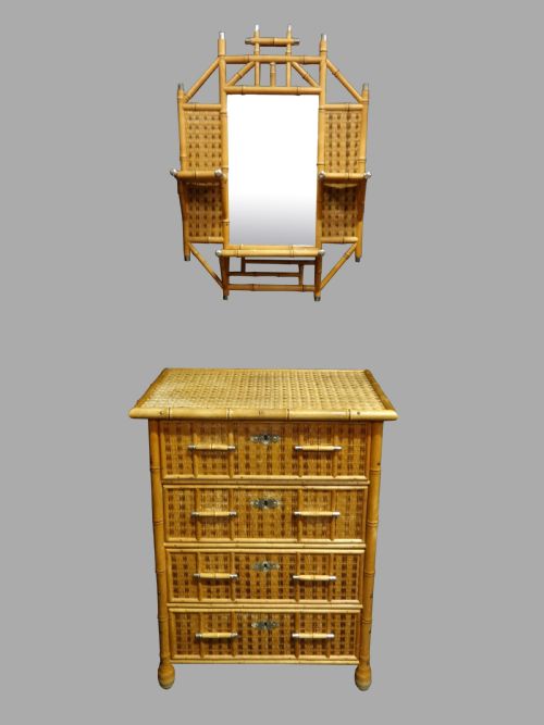 Very Good Bamboo Chest of Drawers with Matching Mirror