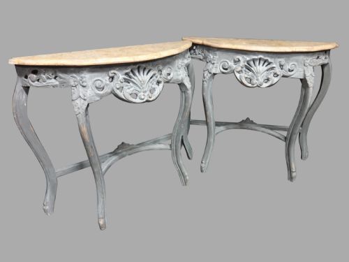 Pair Painted Console Table with Marble Tops