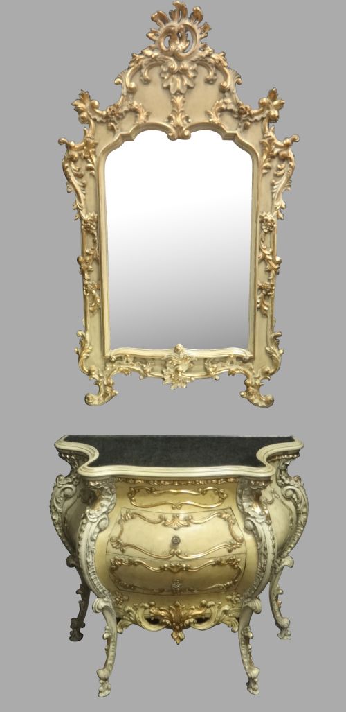 Very Pretty Painted Bombe Chest of Drawers with Mirror
