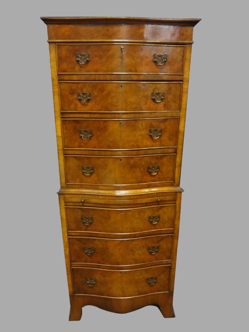 Burr Walnut Serpentine Chest on Chest of Drawers