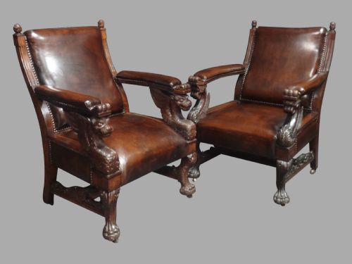Excellent Pair Leather Covered Library Griffin Chairs