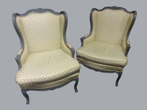 A Good Pair French Painted Wing Armchairs