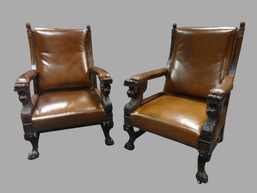 Outstanding Pair Oak and Leather Library Chairs in the Manner of Thomas Hope