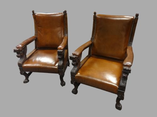 fig 1. Outstanding Pair Oak and Leather Library Chairs in the manner of Thomas Hope